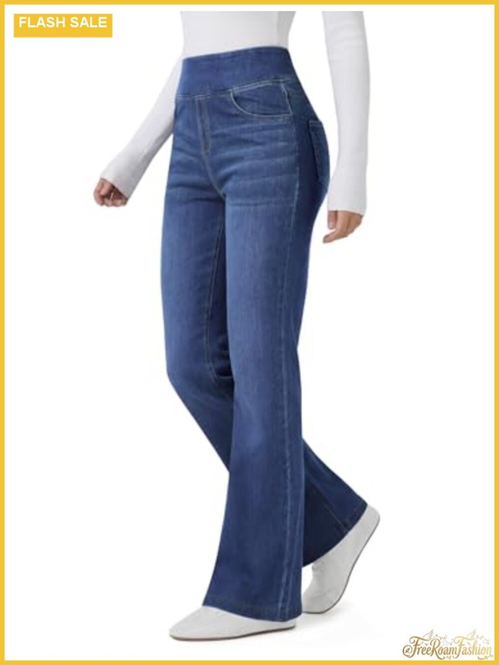 Stretchy High Waisted Pull On Flare Jeans Women Bootcut Casual Denim